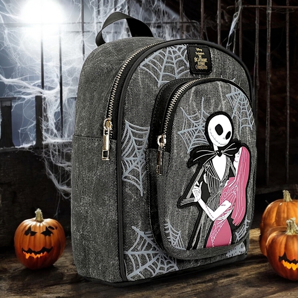 The Nightmare Before Christmas Jack & Sally Mini Black & Gray Backpack Bag - Picture 2 of 12